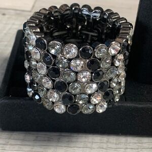 Gunmetal Crystal Stretch Cuff Bracelet Black Grey Clear Rhinestone Wide Band